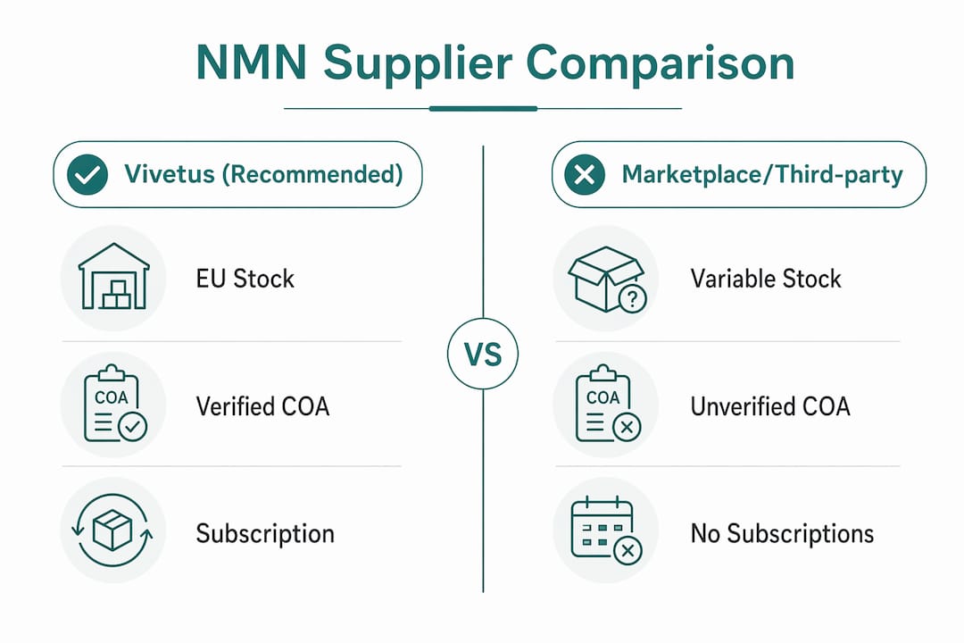 Infographic comparing Vivetus and marketplace NMN suppliers