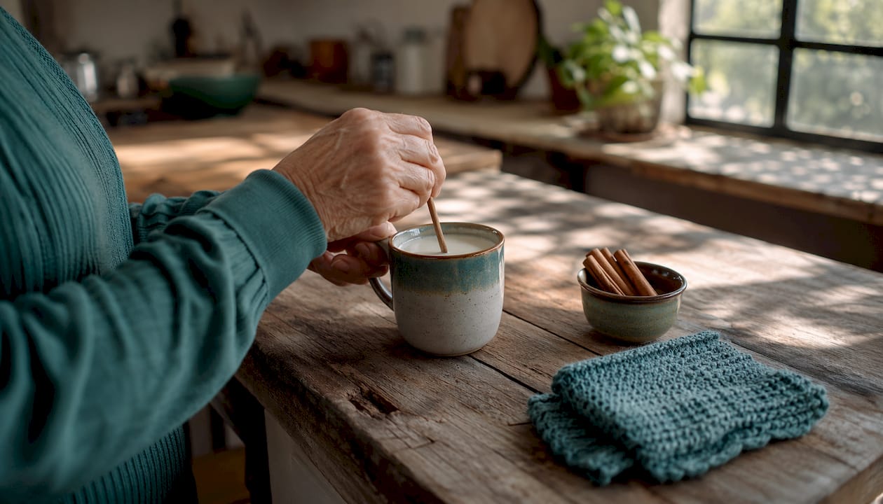 Hands pouring milk into mug in kitchen