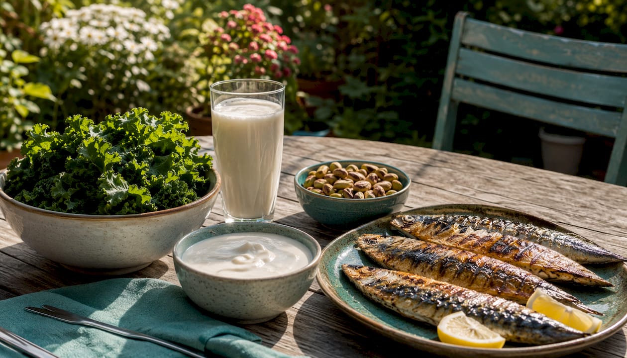 Assorted calcium and vitamin D rich foods on counter