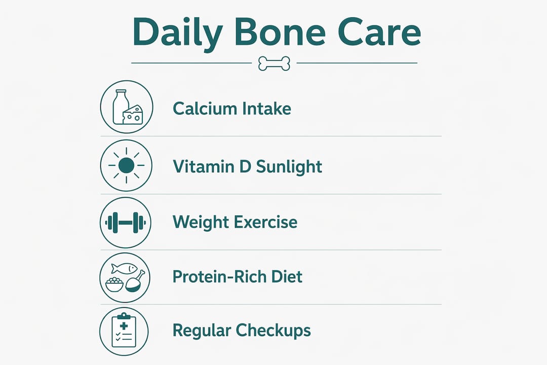 Infographic illustrating daily bone health routine steps