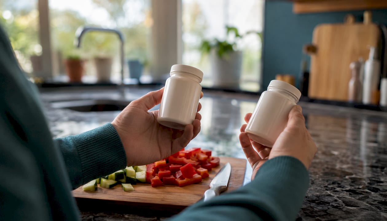 Hands holding and comparing supplement bottles