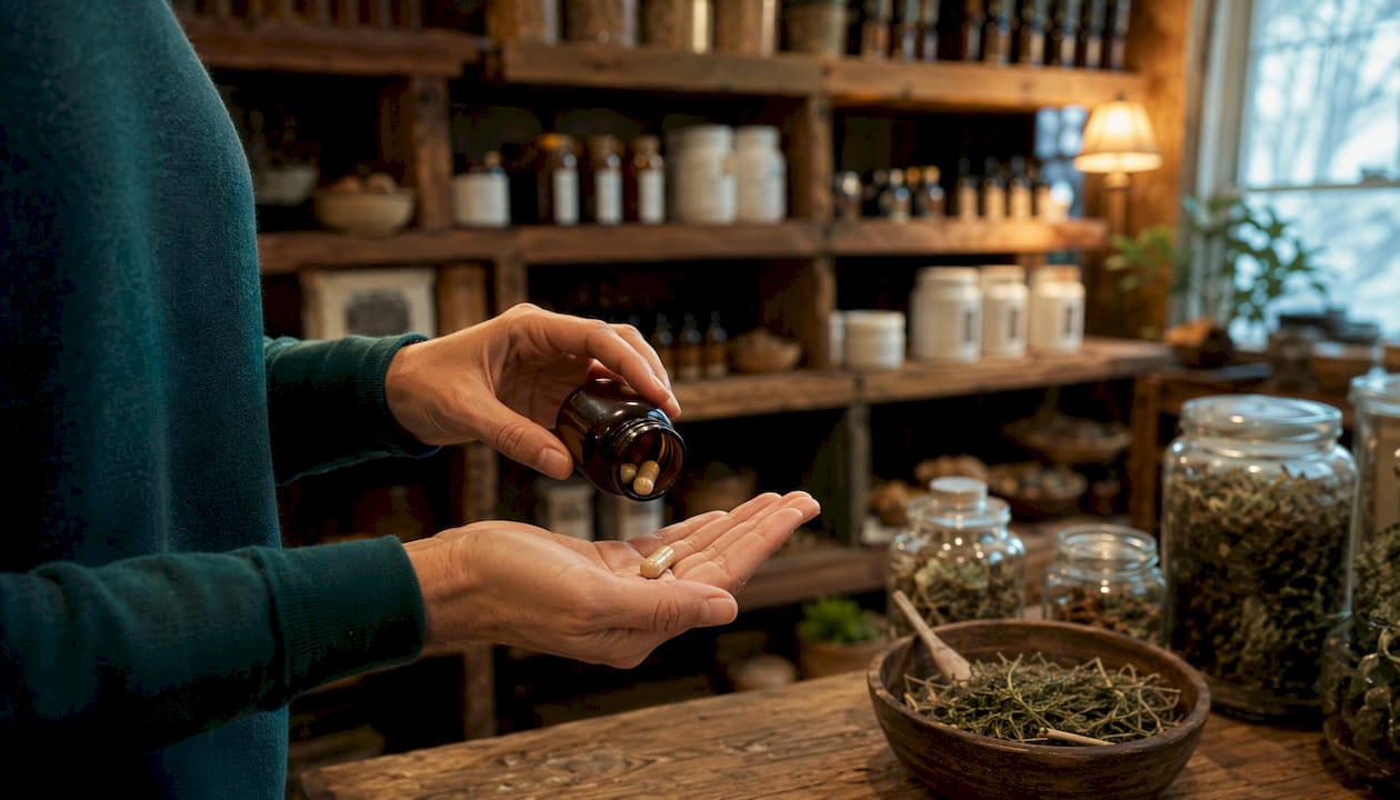 Hand holding Ashwagandha supplement bottle