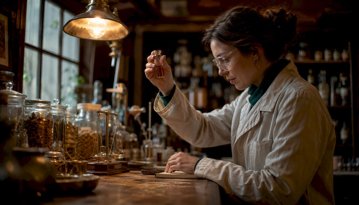 Researcher analyzing adaptogen extract in lab