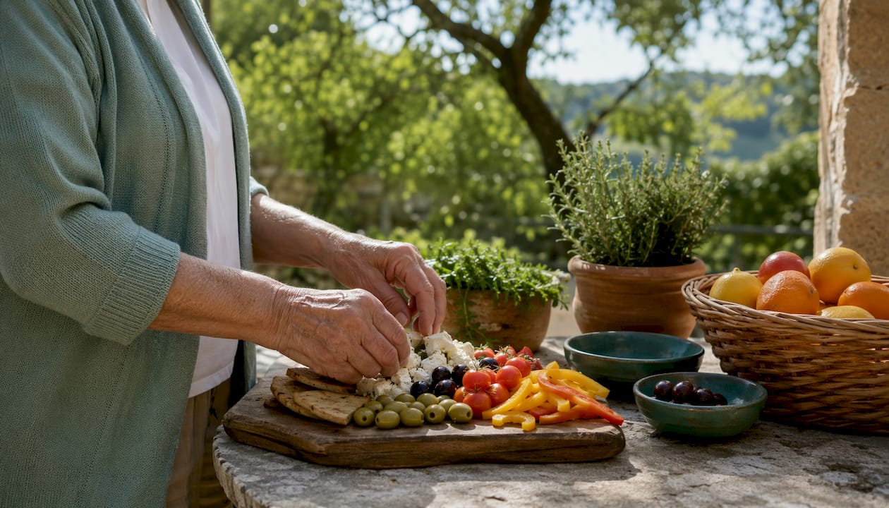 Hands preparing Mediterranean diet meal