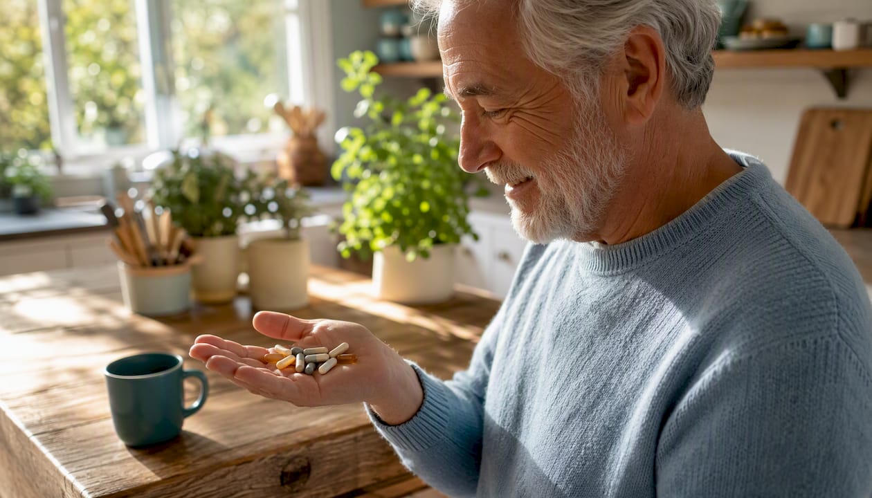 Close-up of mineral supplements in senior's hands