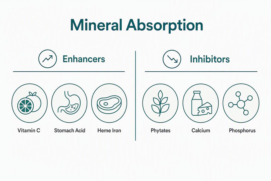 Infographic illustrating mineral absorption enhancers and inhibitors