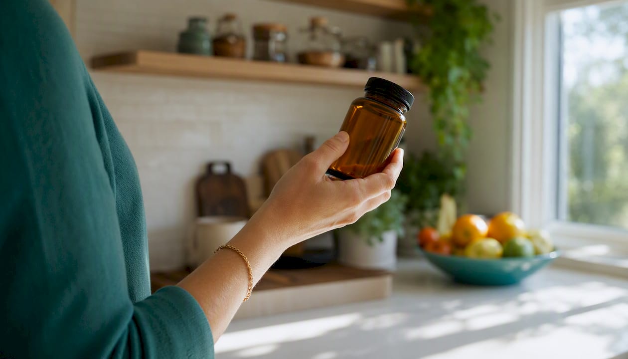 Hand holding vitamin D3 supplement bottle close-up