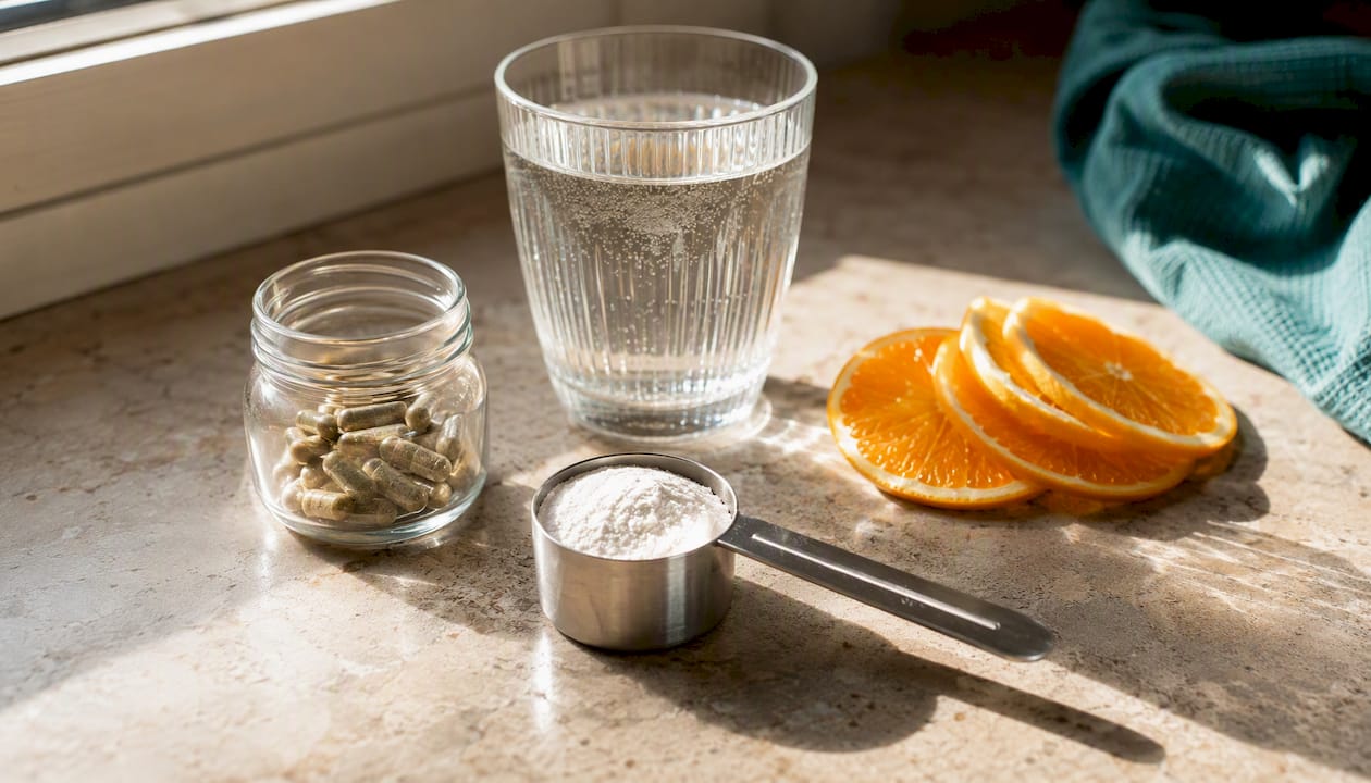 Overhead view of L-carnitine powder scoop and natural ingredients