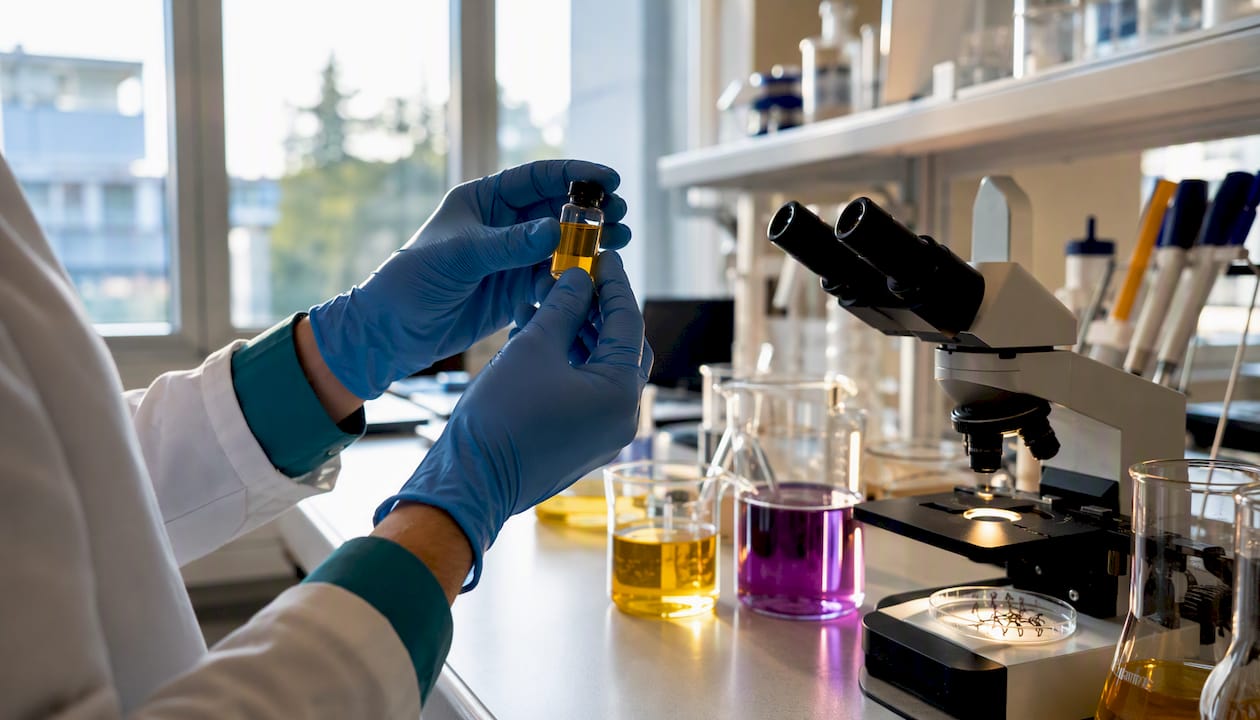 Hands holding quercetin vial in lab