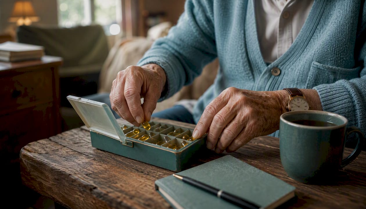 Senior man preparing fish oil dosage