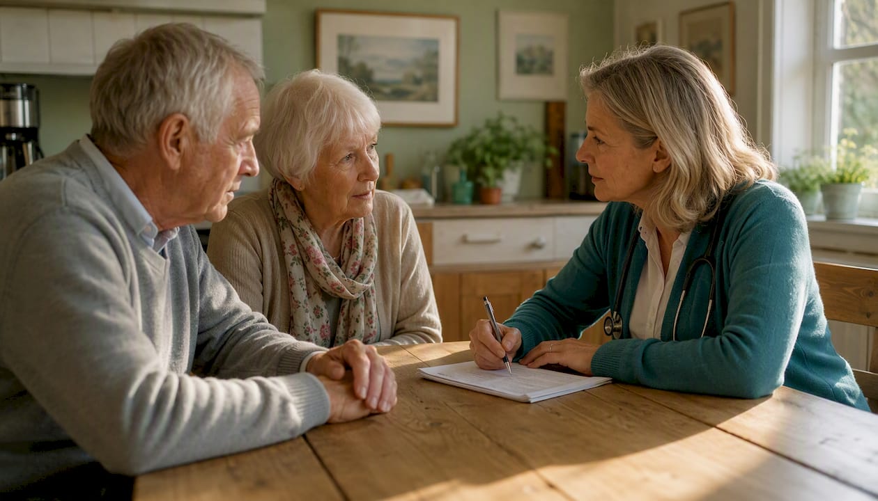 Elderly couple consulting doctor about fish oil