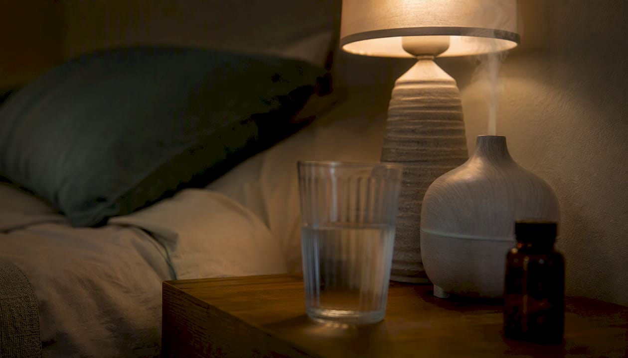 Nighttime bedside table with diffuser and supplements