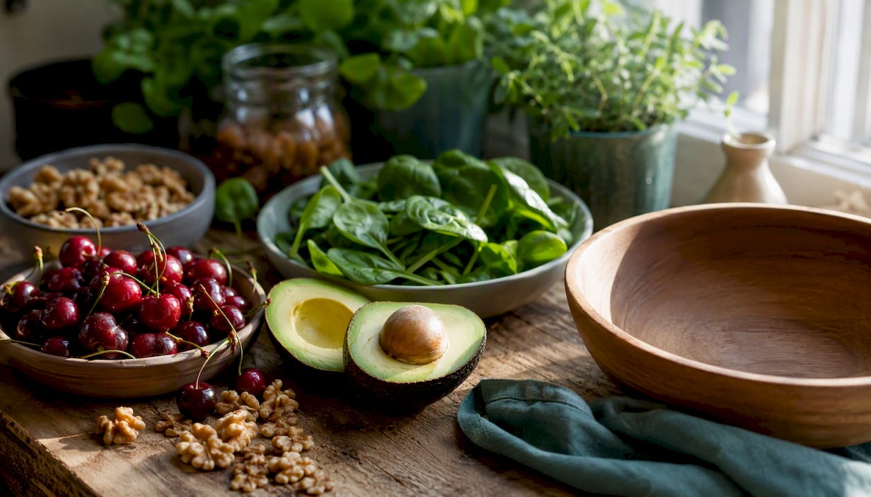 Fresh antioxidant-rich foods on marble kitchen counter