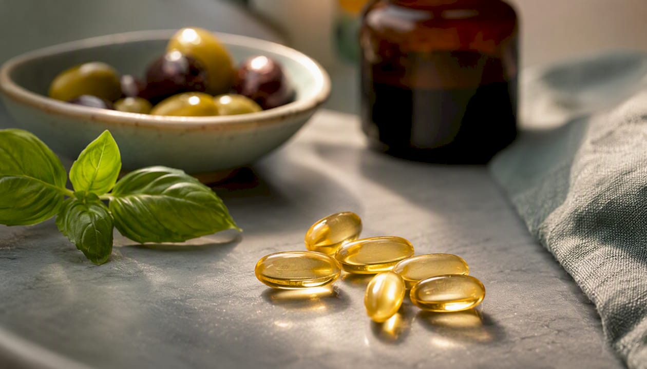 Fish oil capsules close-up with blurred vitamin D3 bottle