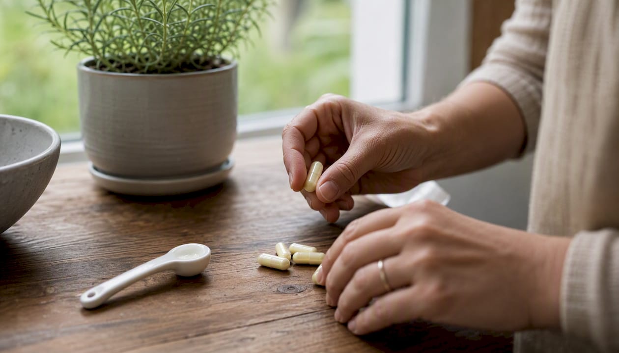 Hands measuring quercetin capsules on dark surface