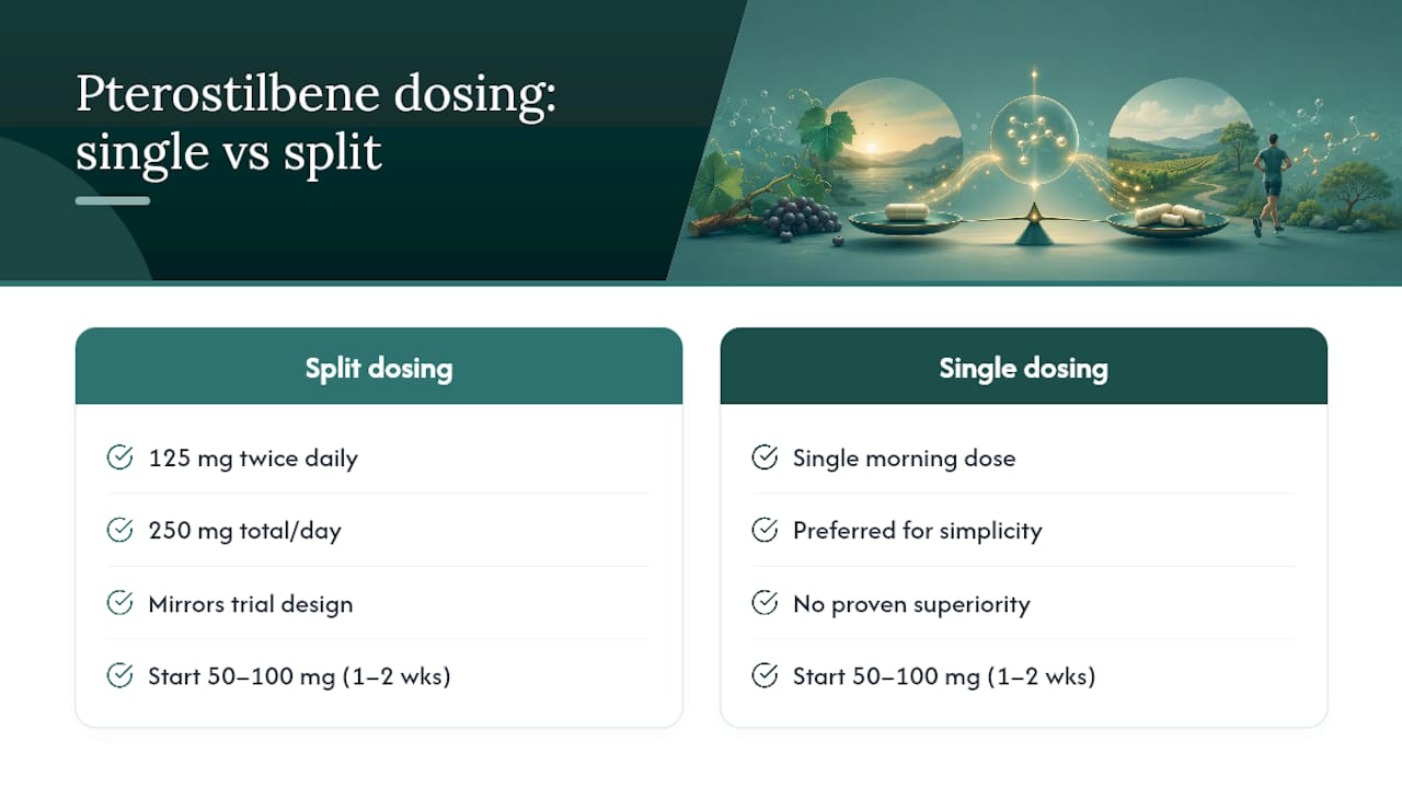 Diagram of pterostilbene dosage ranges and timing options