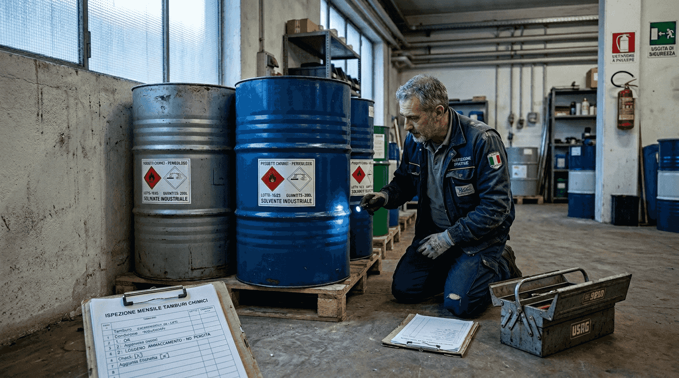 Il responsabile sta controllando i fusti di detergente nell'area tecnica.