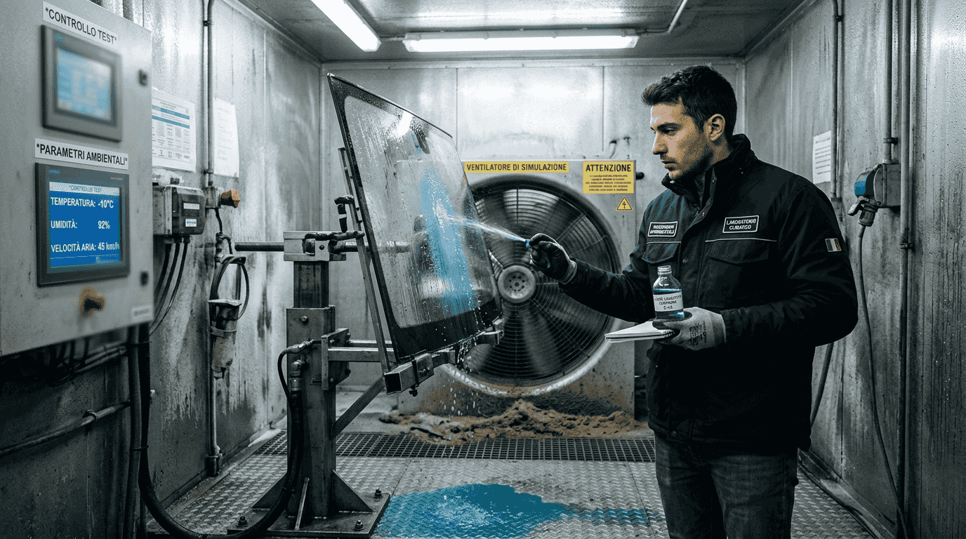 Prove di laboratorio sul liquido tergicristalli in condizioni invernali