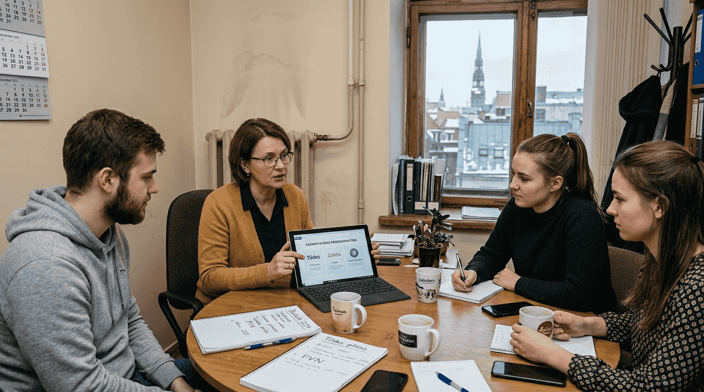 Darba kolektīvs birojā kopīgi izvērtē dažādas grāmatvedības programmas, lai atrastu piemērotāko risinājumu uzņēmuma vajadzībām.