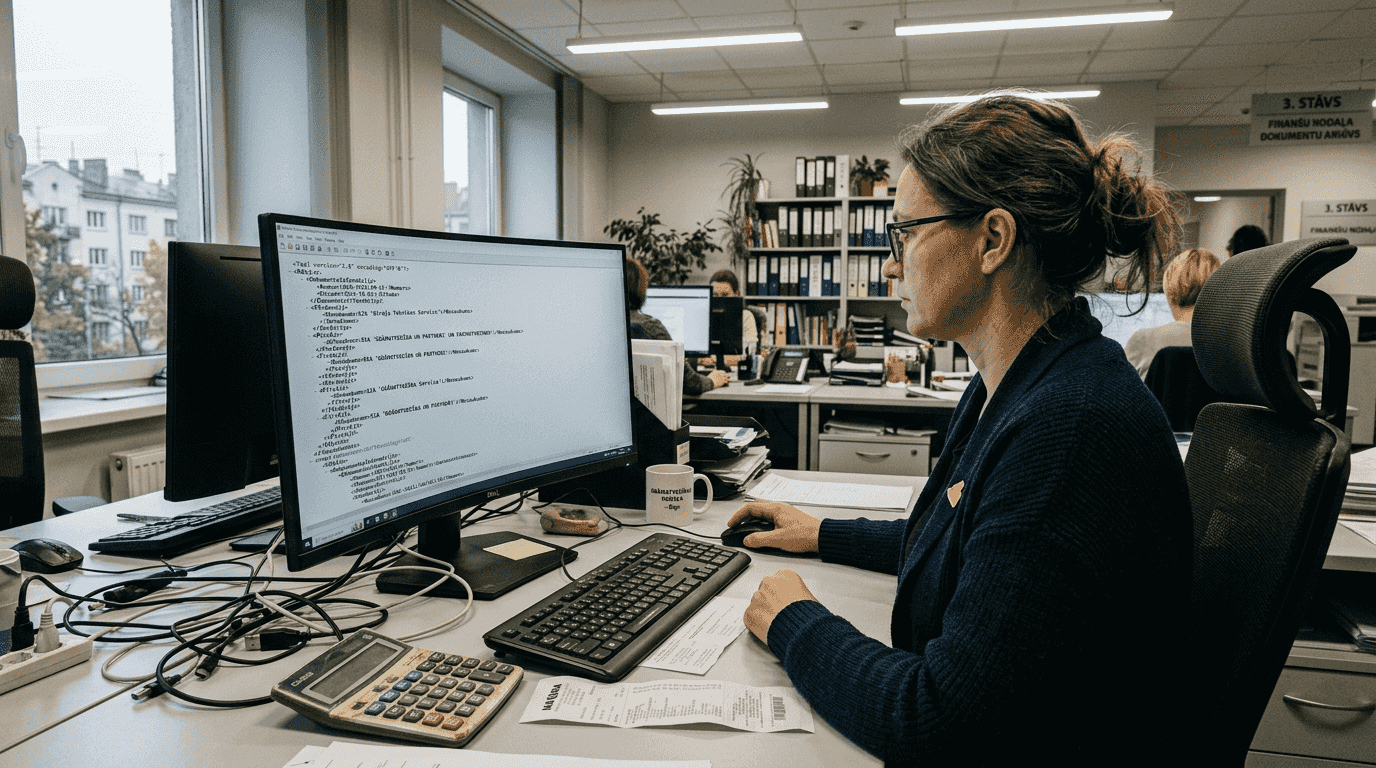Sieviete pārbauda XML e-rēķinu savā datorā.