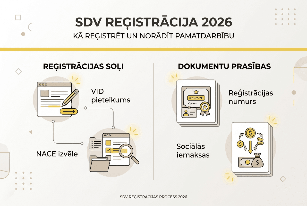 Pārskatāma infografika par to, kā reģistrēt SDV un kādi dokumenti nepieciešami