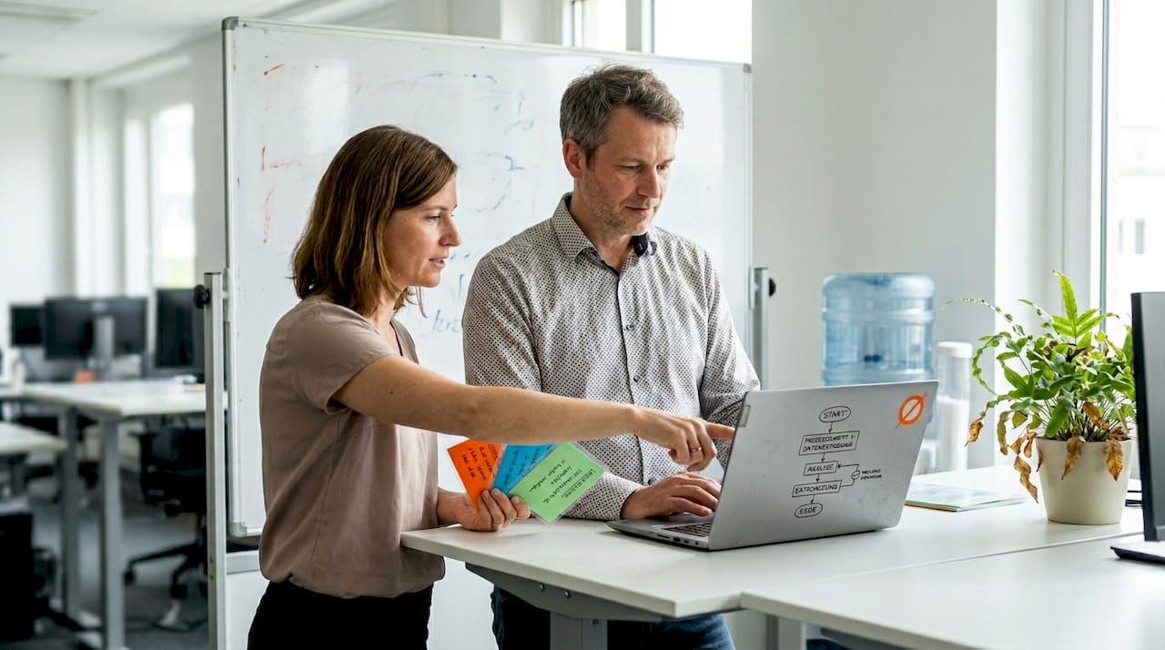 Beschäftigte stellen ihre Arbeitsabläufe anschaulich am Laptop dar.