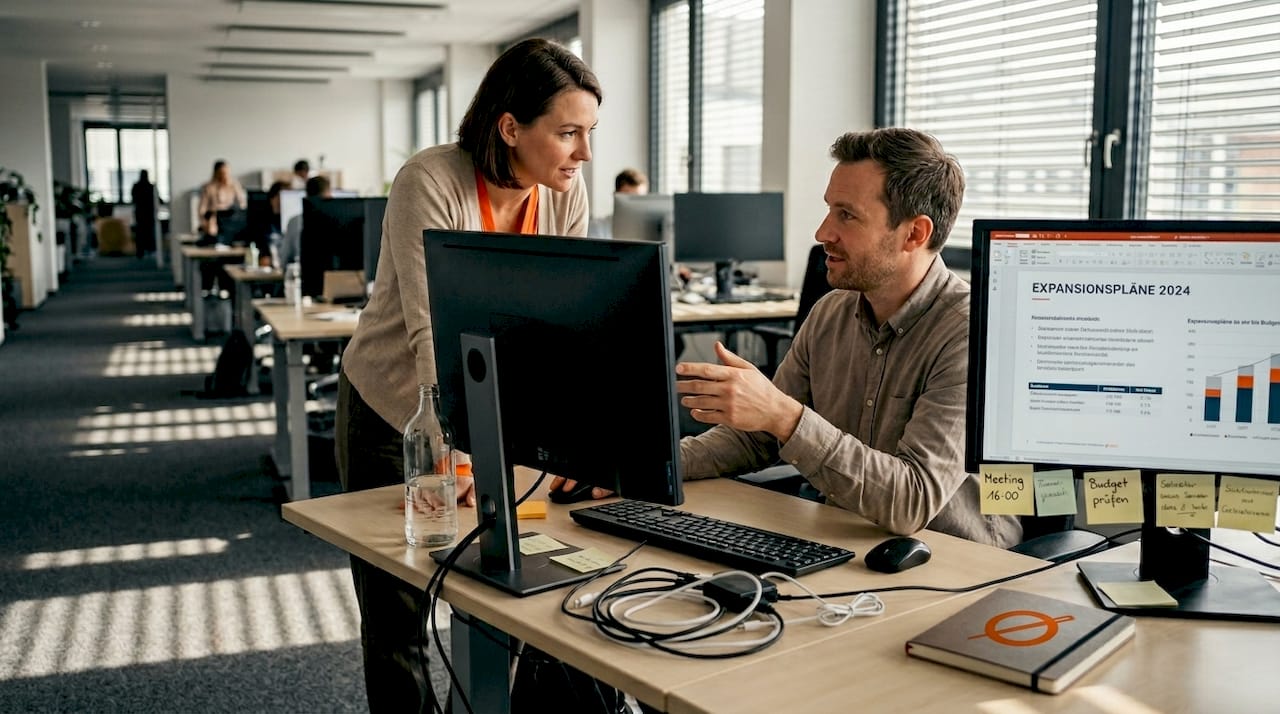 Mitarbeiter spricht über flexible und zukunftsfähige Bürokonzepte.