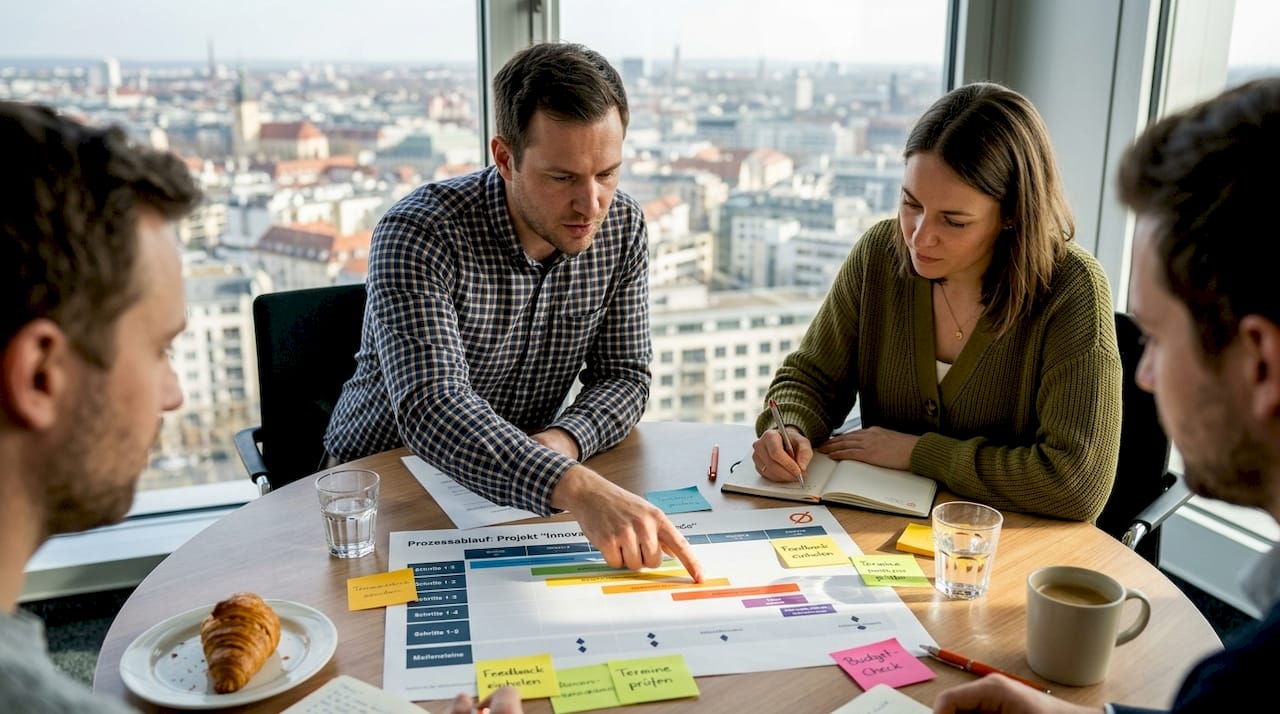 Im Meeting legt das Team gemeinsam fest, welche Prozessabläufe Priorität haben und visualisiert diese auf einem Ablaufdiagramm.