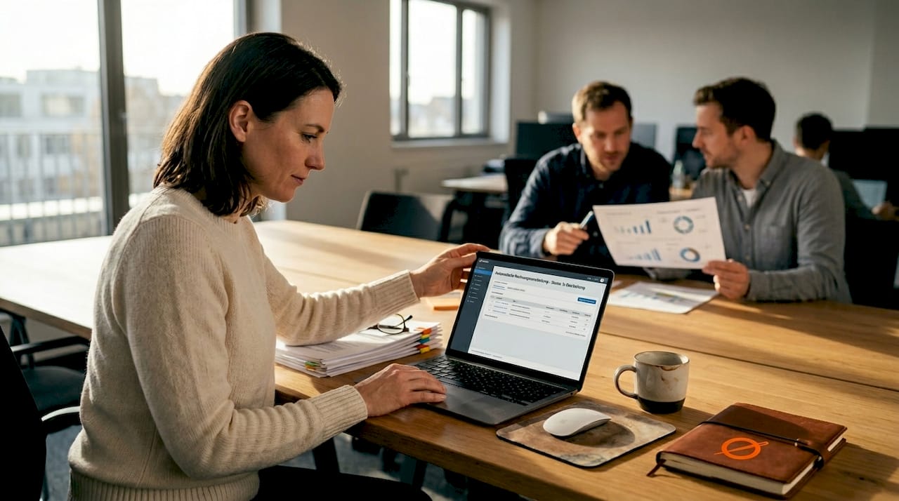 Eine Mitarbeiterin überprüft die automatisierte Abwicklung von Rechnungen.