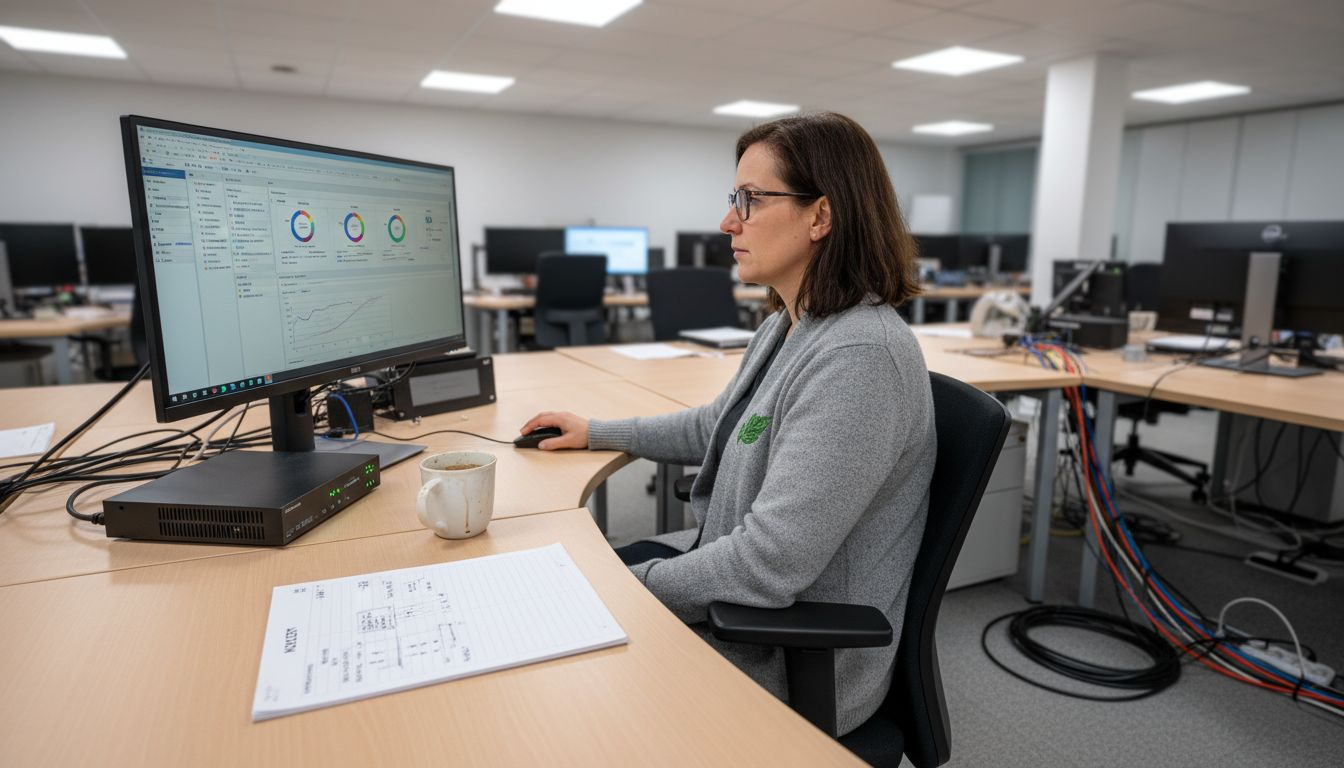 Eine Mitarbeiterin überprüft im Büro die Netzwerkverbindung an ihrem Computer.