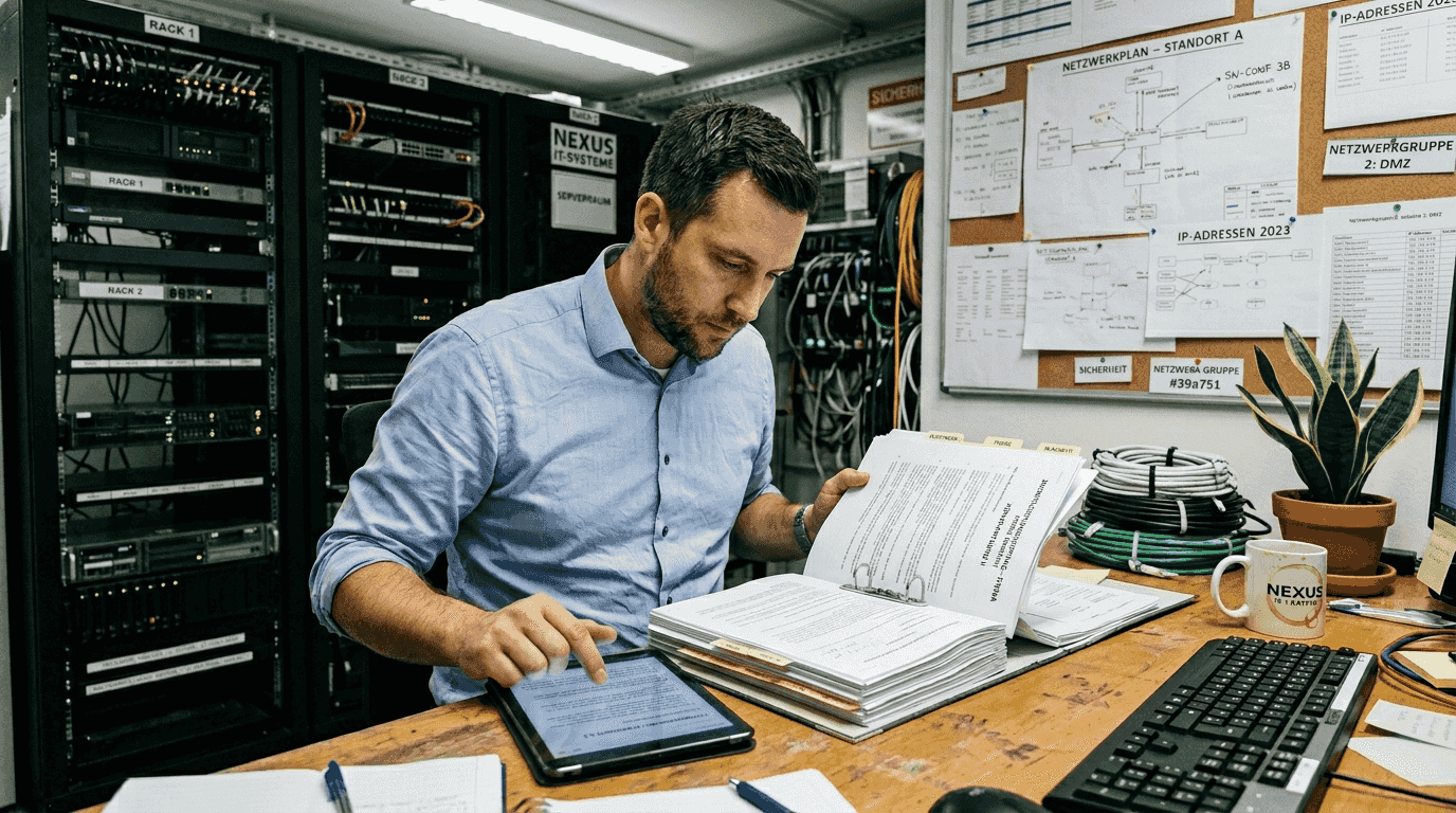 Ein IT-Leiter prüft einen Vertrag direkt im Serverraum.