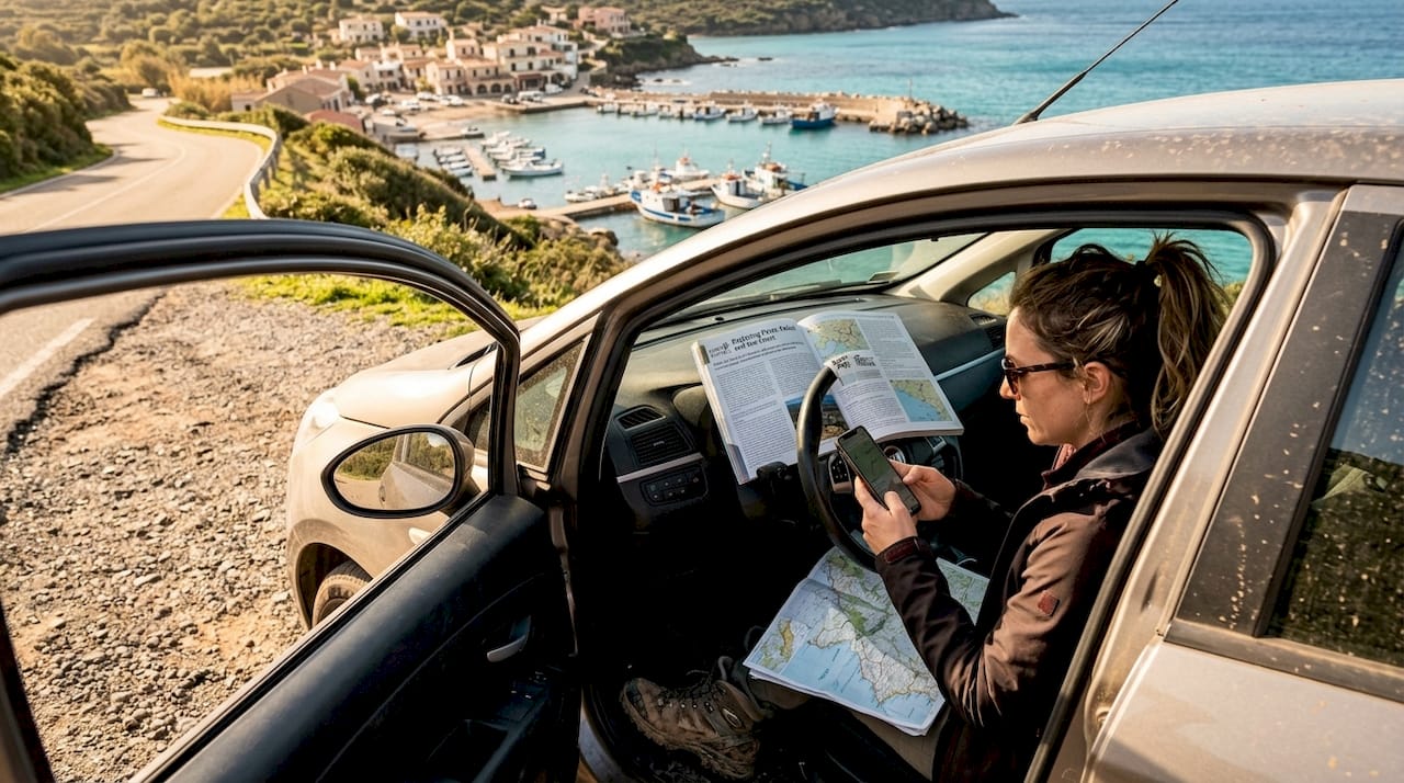 Traveler plans route in car near Sardinia harbor
