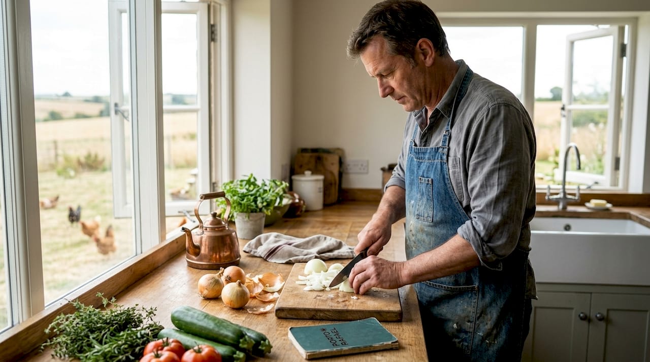 Agriturismo host preparing fresh meal in kitchen