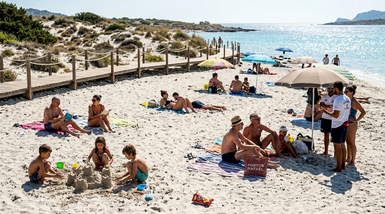 Busy Sardinian beach scene with conservation walkways