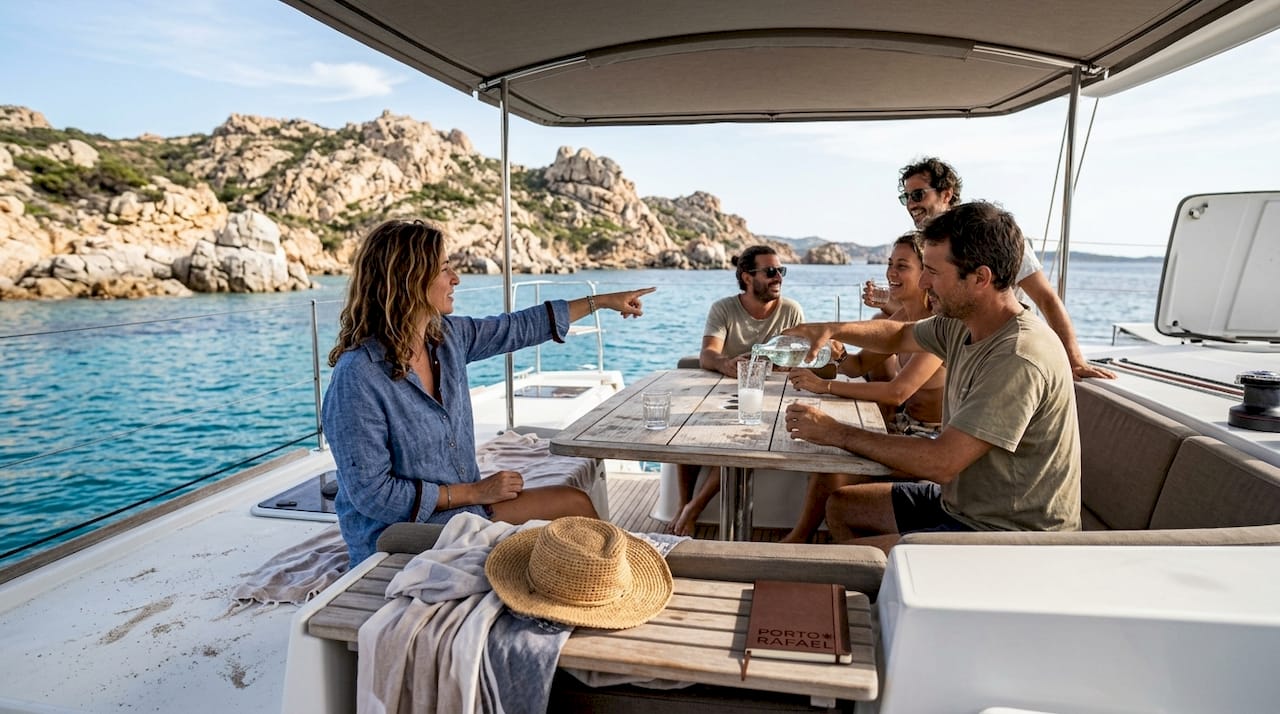 Group relaxing on catamaran near Maddalena