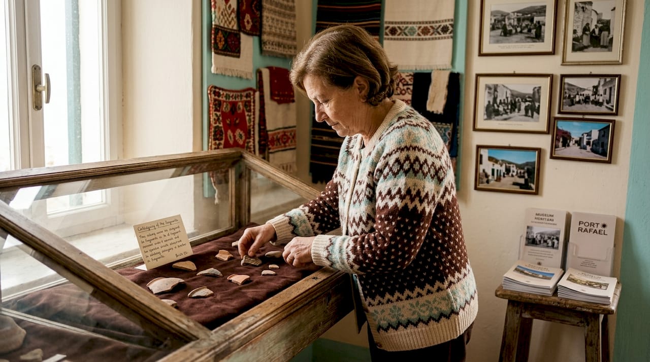 Curator arranges pottery in village heritage museum