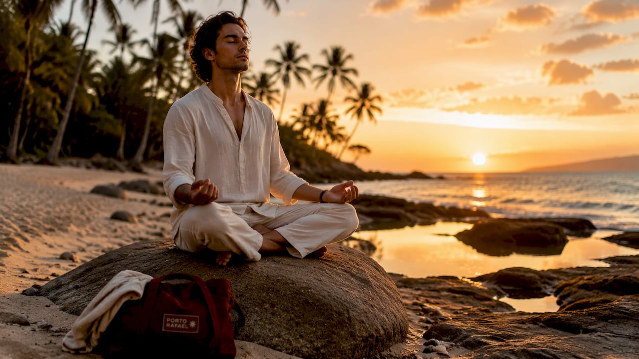 Man meditating on driftwood log at beach sunrise