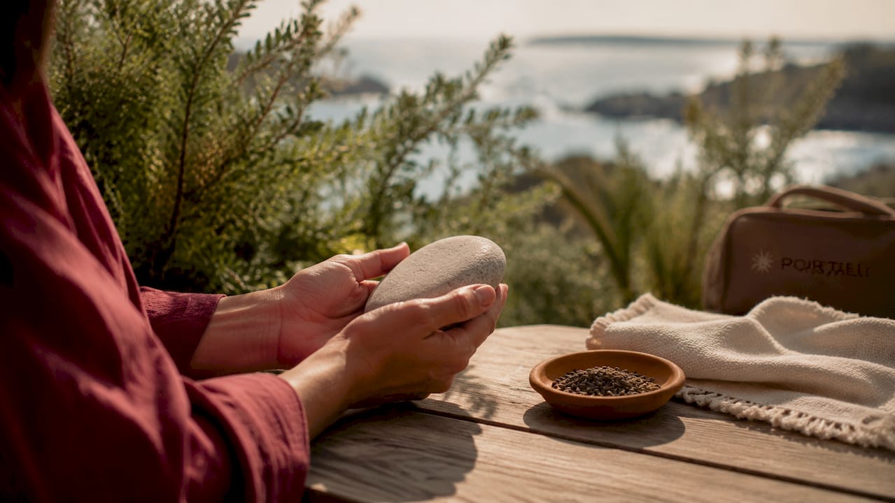 Hands resting calmly next to lavender and stones