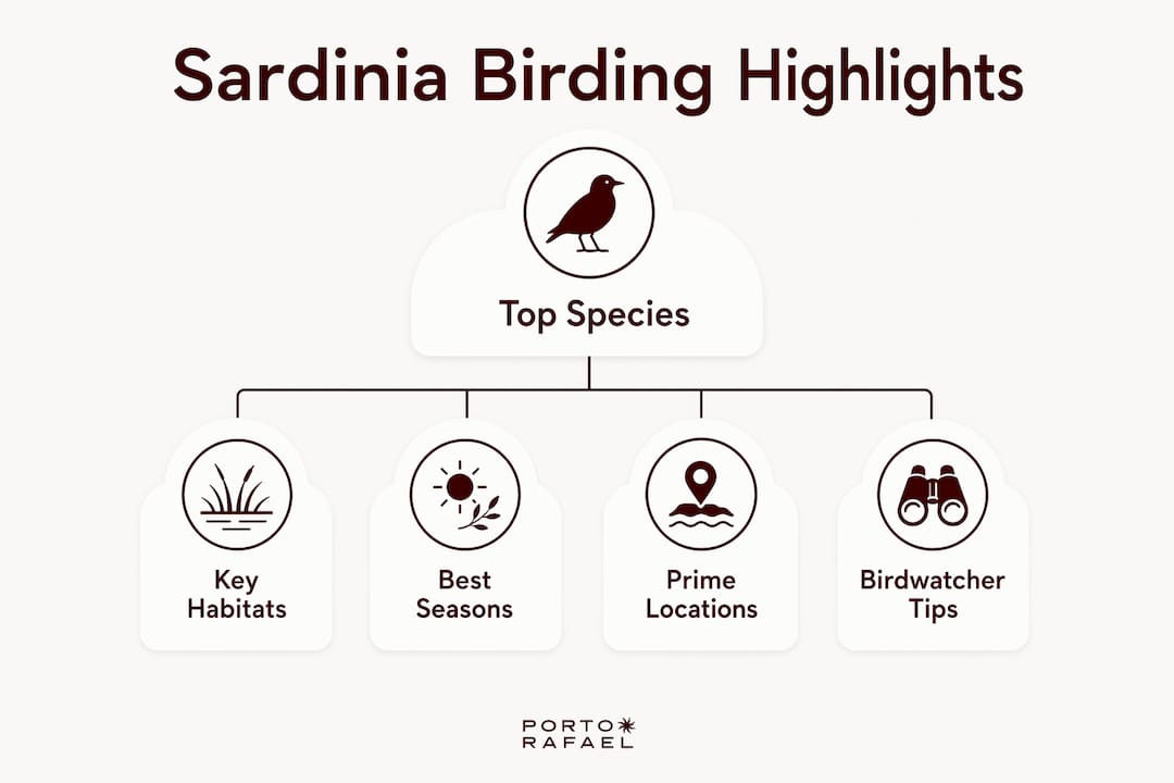 Infographic illustrating Sardinia birding key highlights