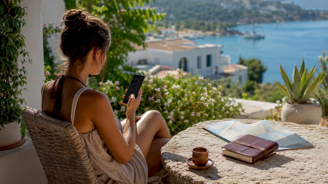 Traveler booking private transfer on smartphone outdoors