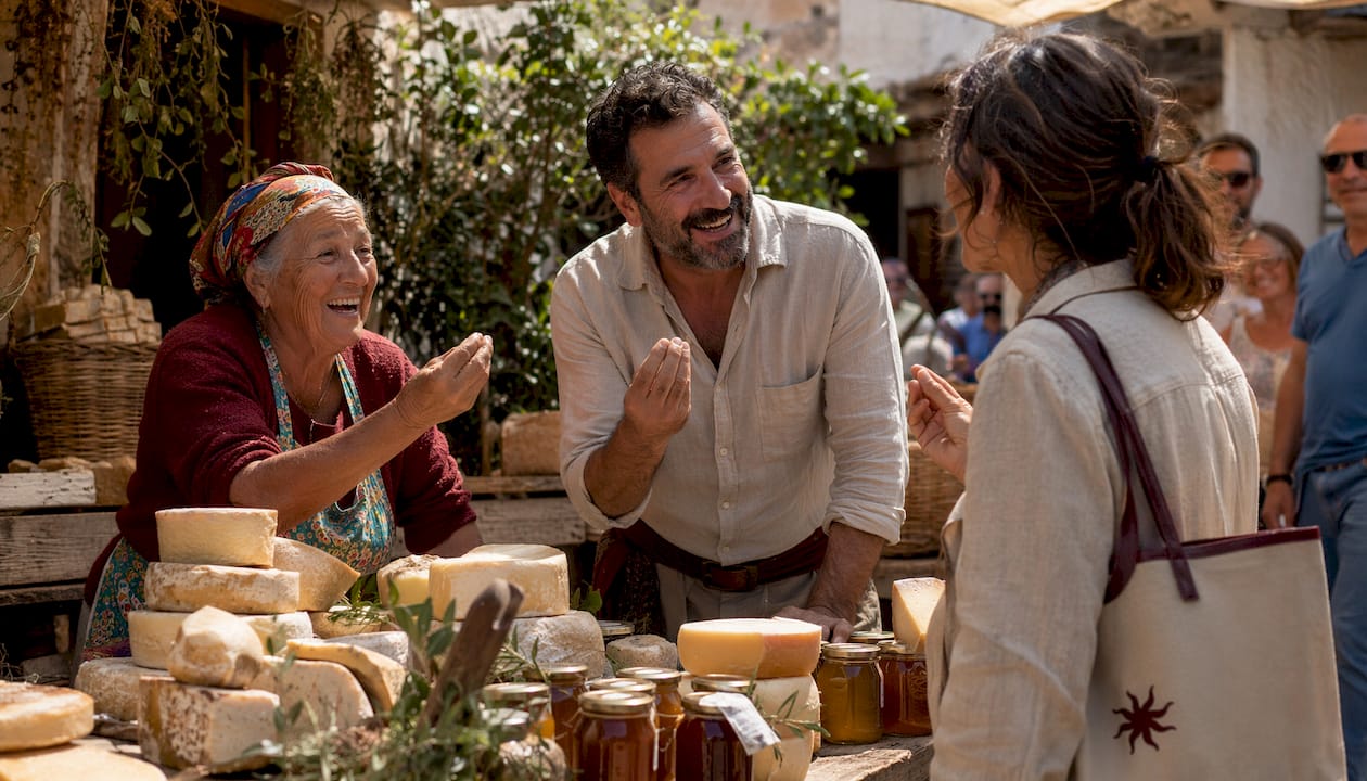 Market vendors greeting traveller warmly