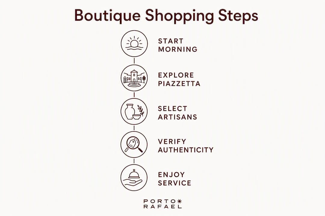 Infographic outlining luxury boutique shopping steps in Porto Rafael
