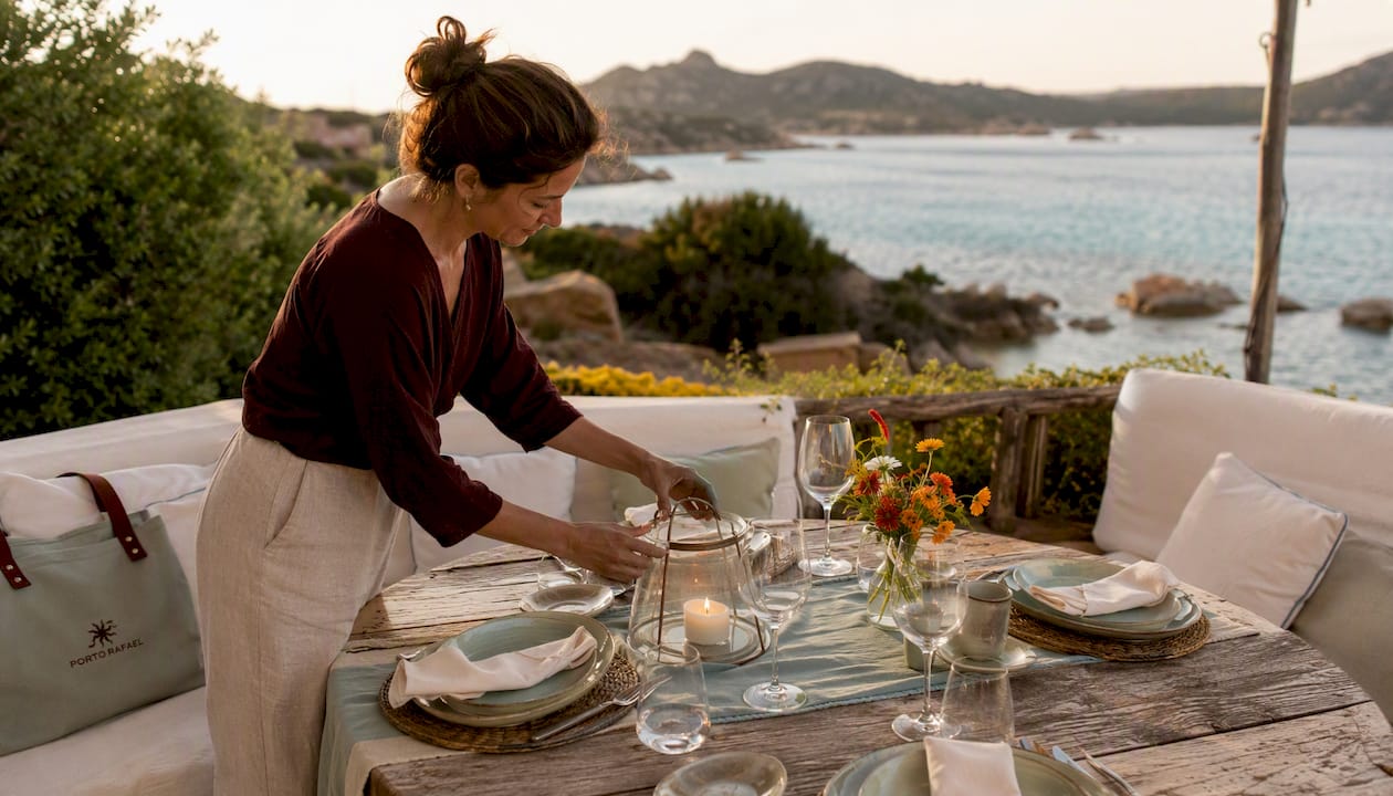 Woman setting candlelit seaside dinner table at dusk