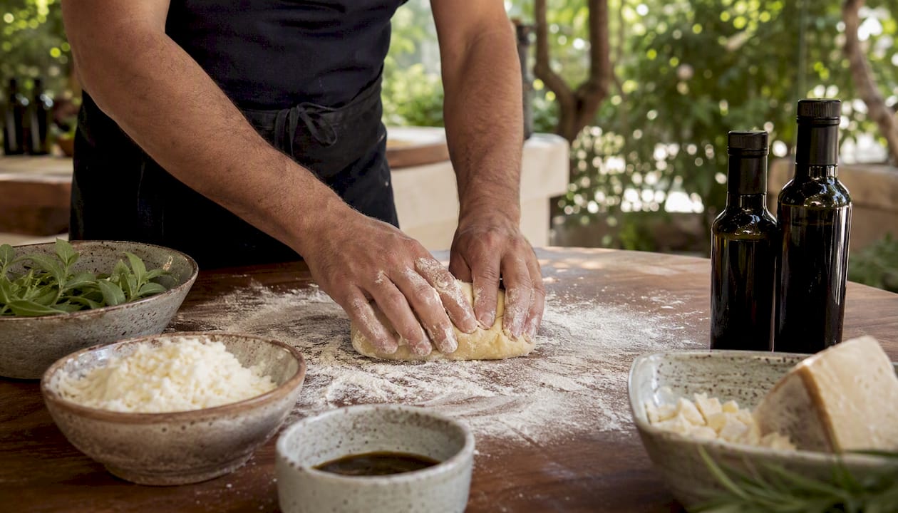 Hands rolling fresh pasta in private cooking class