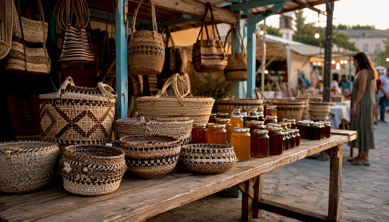 Artisan crafts and honey at market stall