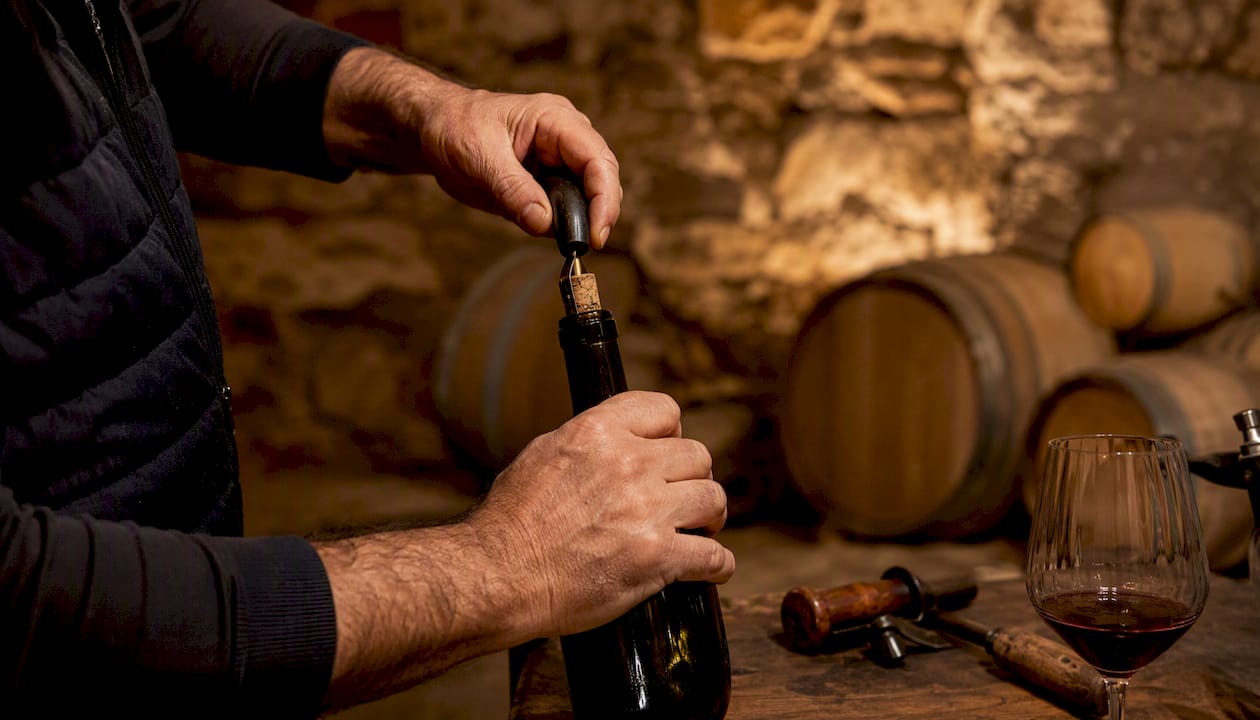 Winemaker uncorking vintage bottle in cellar