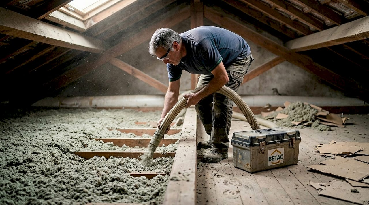 Isolamento do sótão com aplicação de fibra de celulose por profissionais