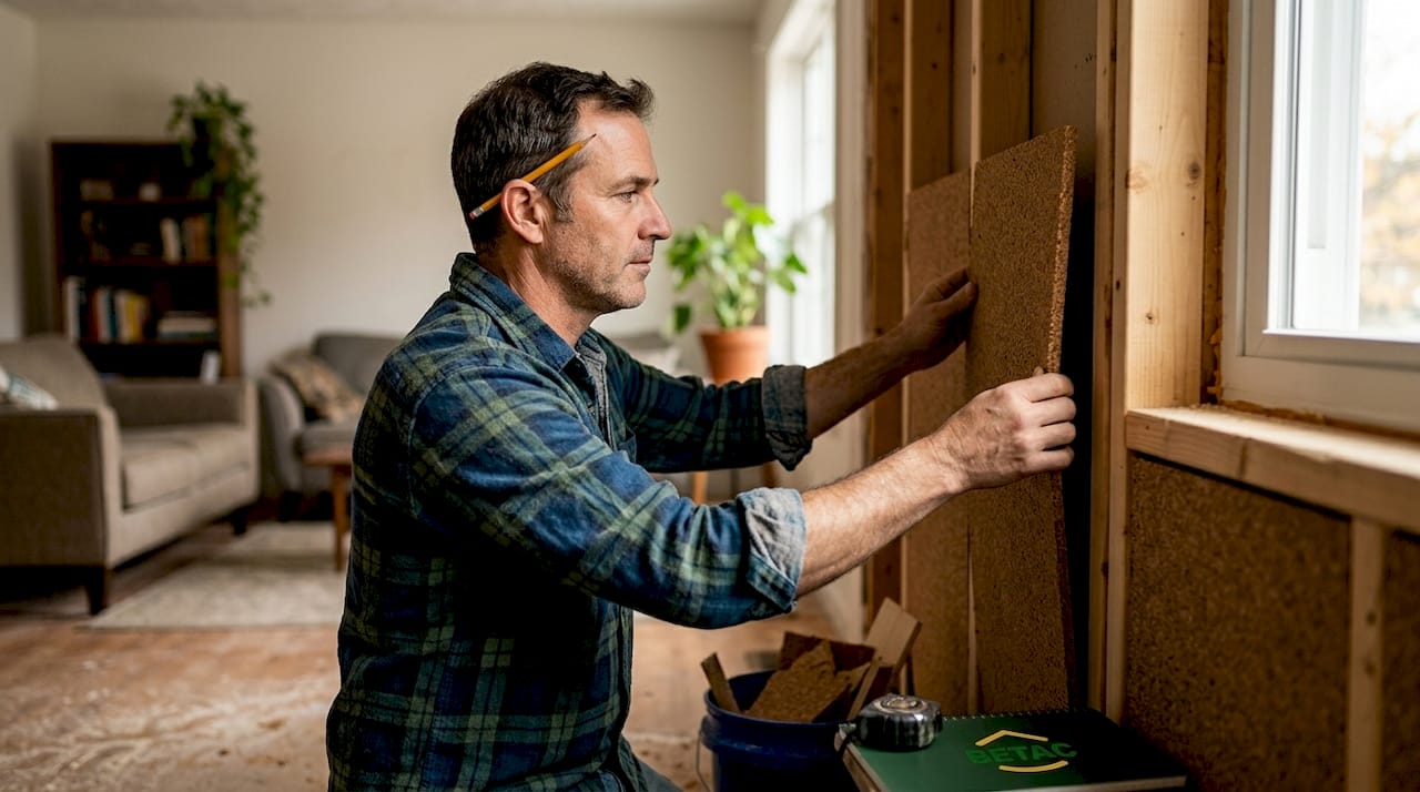 Profissional aplica revestimento de cortiça numa das paredes da sala