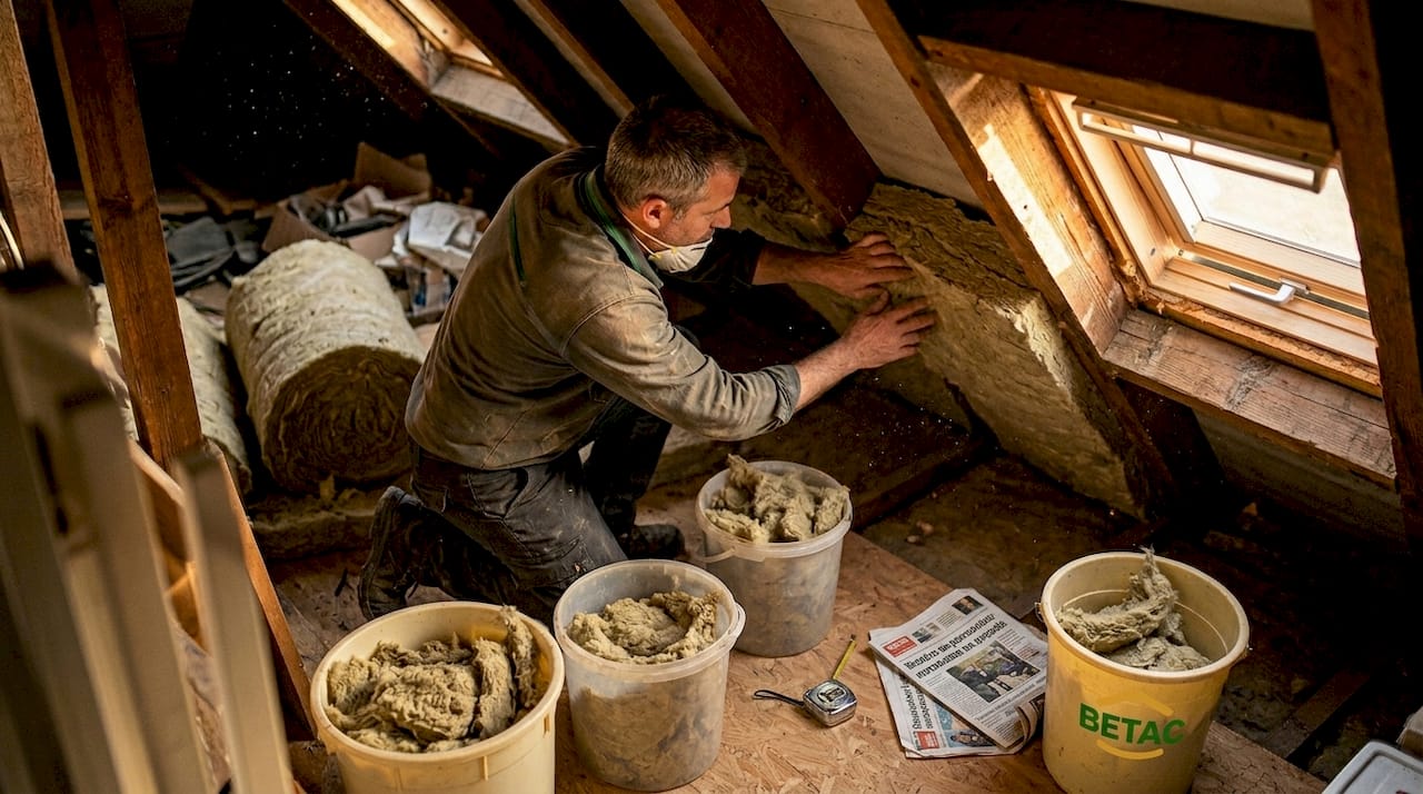 Profissional a aplicar lã mineral com propriedades ignífugas
