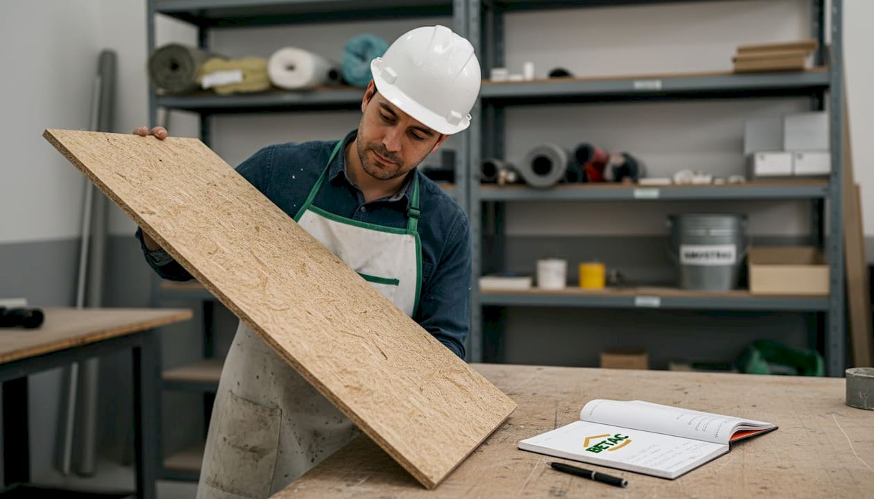 Engenheiro a inspecionar painel de fachada em celulose